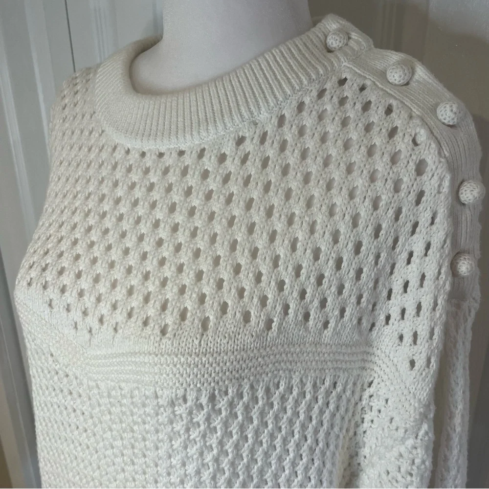 J Crew, White Sweater with Intricate Open-Weave Design and large buttons, Size M